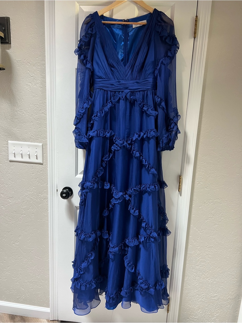 Mac Duggal Deep Blue Ruffle-Tier Chiffon Maxi Dress